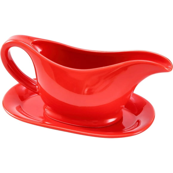 Bruntmor 11 Oz Red Ceramic Gravy Boat With Tray, Small Serving Dish, Sauces Dispenser