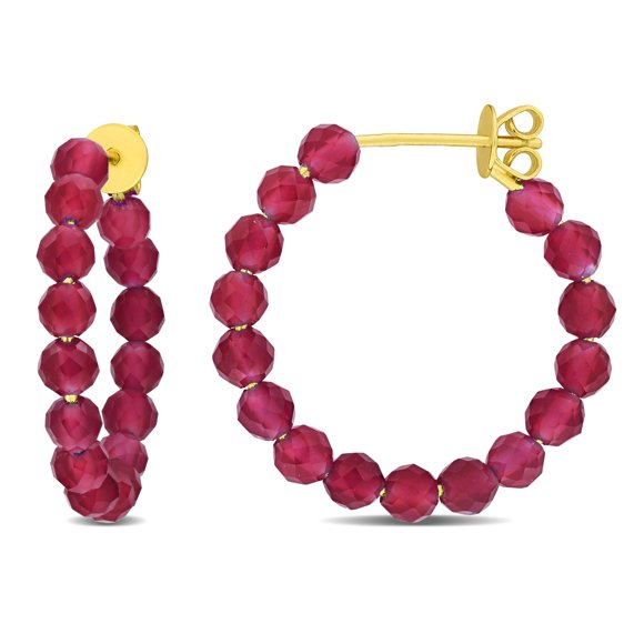 Miabella 3mm Created Ruby Facetted Bead Hoop Earrings in Yellow Plated Sterling Silver