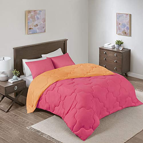 Comfort Spaces Vixie 3 Piece Comforter Set All Season Reversible Goose Down Alternative Stitched Geometrical Pattern Bedding, Full/Queen, Pink/Orange