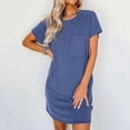 thumbnail image 2 of Laqbezok Ribbed Knit Pocket Dress, Casual Textured Vertical Short Sleeve Stripe Mini Dress, Slimming Round Neck Summer T-Shirt Dress, Solid Color Tunic Sun Dress, 2 of 7