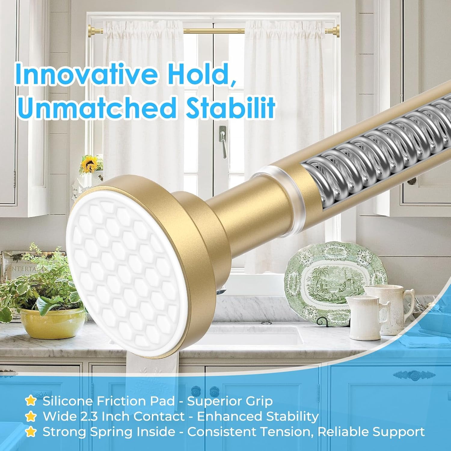 Tension Curtain Rod 28 to 48 Inch, 1pcs Tension Rod 1 Inch Diameter Gold Small Shower Curtain Rod Adjustable Non-Drilling, Anti-Slip, Anti-Rust Spring Loaded Curtain Rods