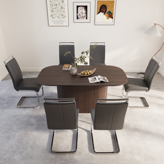 Medieval Modern Brown MDF Dining Table Set with 6 Gray PU Armless Chairs and Silver Metal Legs for Home Kitchen