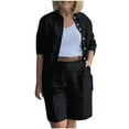 thumbnail image 2 of CFLVAEK Two Pieces Cotton Linen Sets for Plus Size Women Casual Half Sleeve Button Down Shirts Loose Fit Round Neck Blouses Baggy Bermuda Shorts Solid Summer Going Out Outfits, 2 of 6