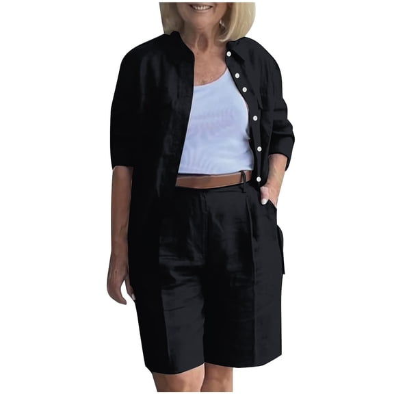 Cotton Linen Shorts Set Womens Plus Size Lounge Sets Casual Button down Lapel Shirt with Shorts