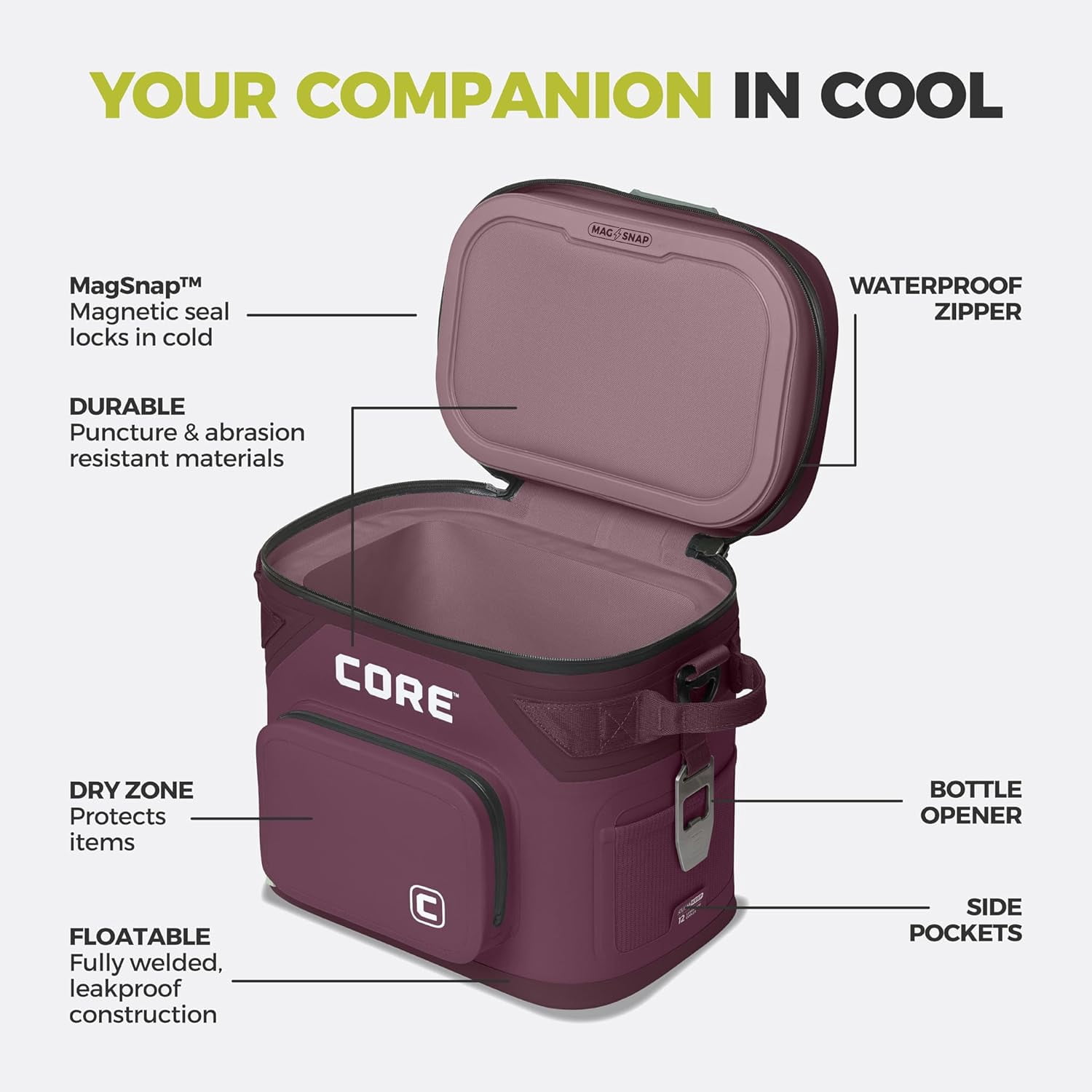 CORE 12 Can Climakeep Magnetic Soft Cooler, Leakproof Cooler, Waterproof Zipper, Mulbery