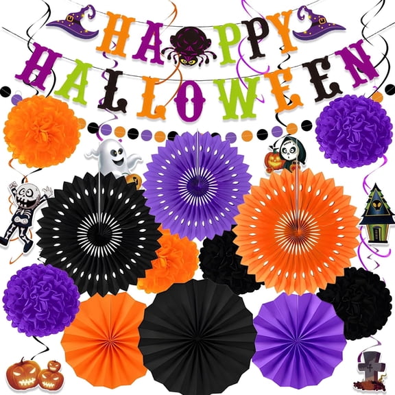 Halloween Party Decorations Set, Happy Halloween Banner, Paper Fans, Tissue Pom Poms & Hanging Swirls with Pumpkin Ghost Cutouts for Halloween Party Supplies