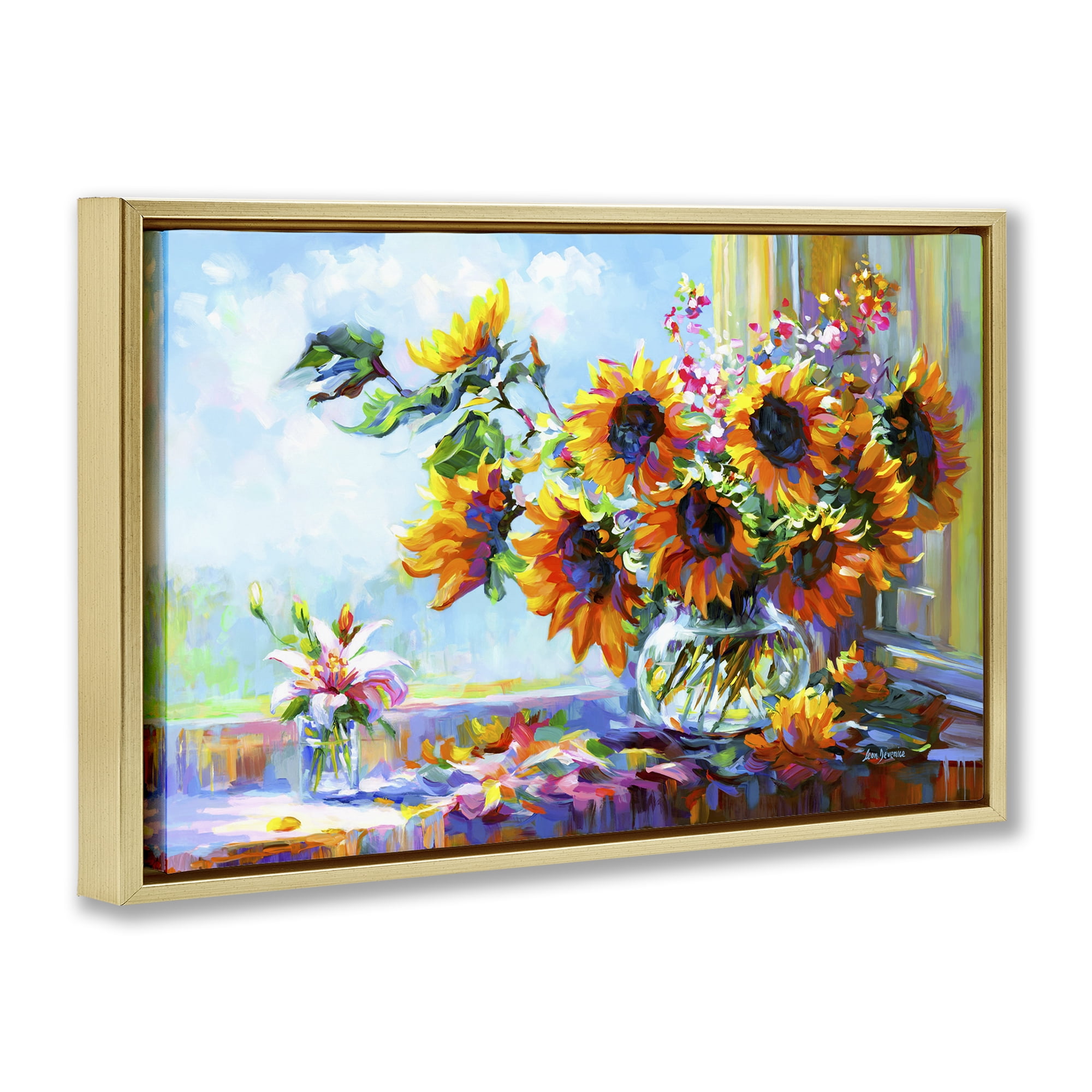 Stupell Industries Sunflowers Morning Glory Botanical & Floral Painting Gold Floater Framed Art Print Wall Art, 25 x 17