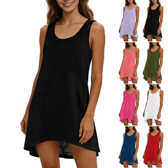 Women's Sleeveless Swimwear Coverups T Shirt Beach Dress Tank Bikini Cover Up Casual Loose Fit Dress White