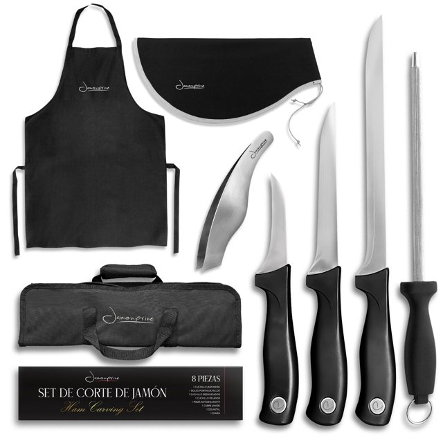Juego de cuchillo para jamón crudo profesional – Bolsa para cuchillos, cuchillo hoja 30 cm, cazador, picador, encendedor afilador de cuc