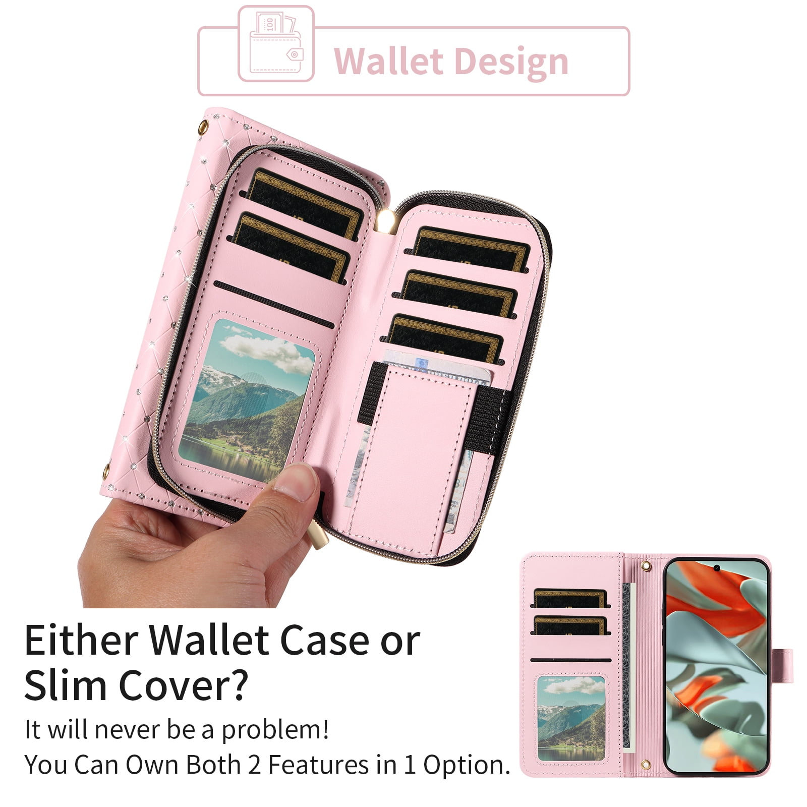 Asuwish Wallet Phone Case for Google Pixel 9 Pro XL/10 pro XL Tempered Glass Screen Protector Bling Glitter Crossbody Lanyard Strap Flip Zipper Purse Card Holder Cell Cover Pixel9ProXL 10proXL Pink