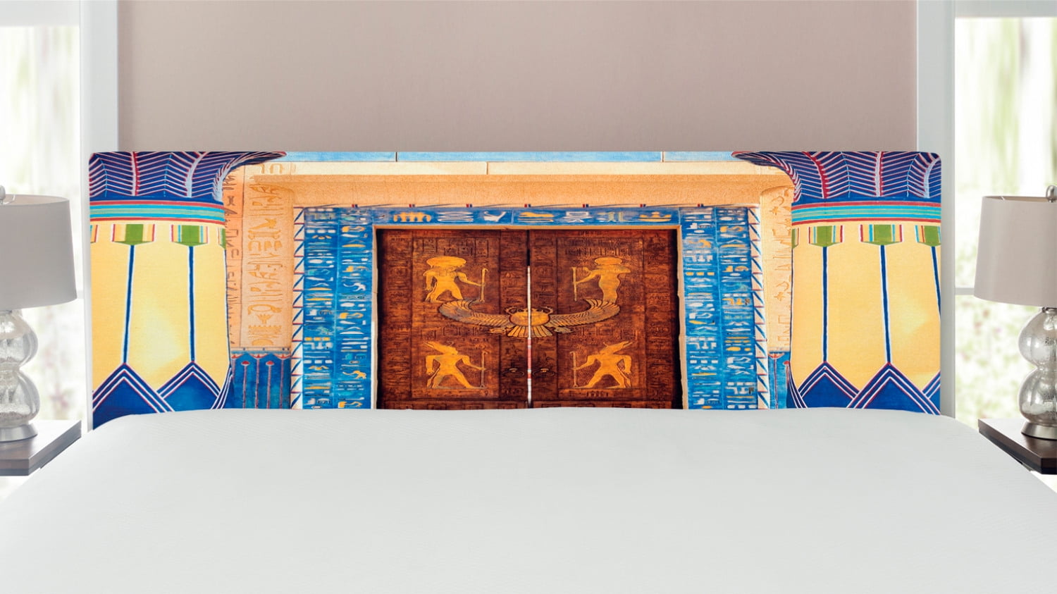 Egypt Headboard, Old Building with Entry Door and Round Columns with Detailed Patterns