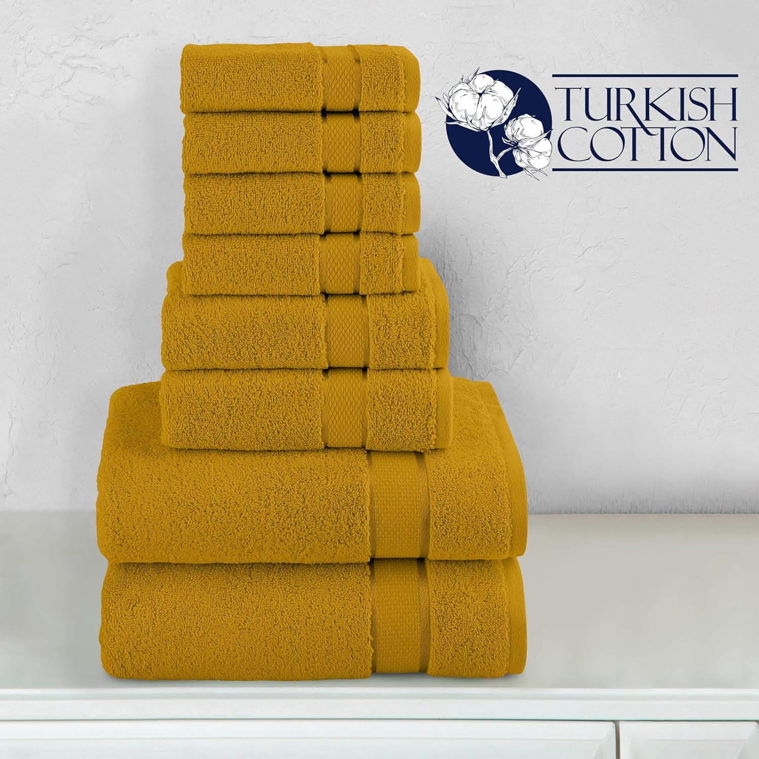 Cotton 8-Piece Towel Set, Includes 4 Washcloths, 2 Hand Towels and 2 Bath Towels, 100% Turkish Cotton - Highly Absorbent and Super Soft Towels for Bathroom, Gold