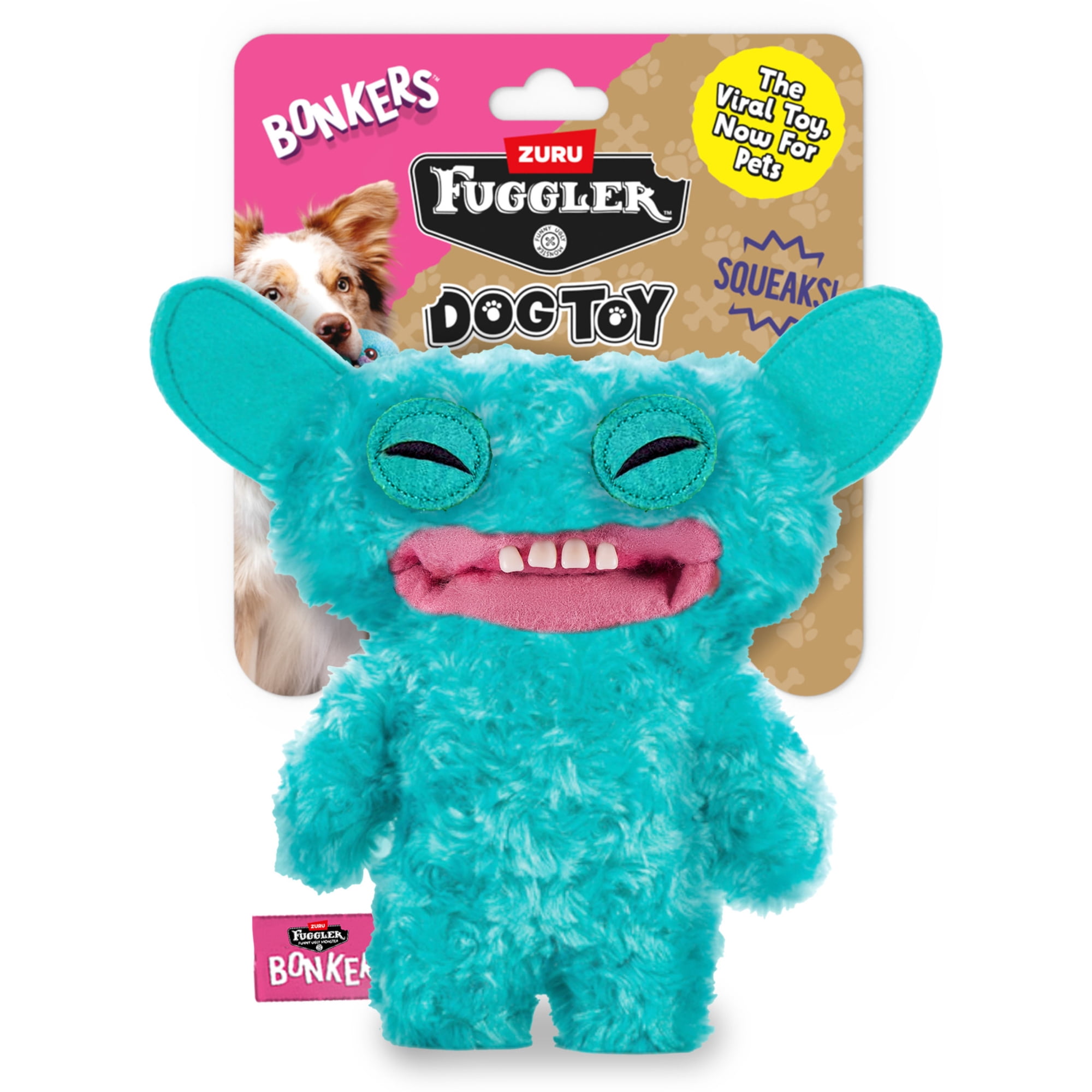 BONKERS Fuggler Grin Grin Squeaky & Plush Dog Toy for Playtime, Blue, 8 inches