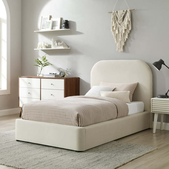 Modway Keynote Performance Velvet Curved Twin Platform Bed in Alabaster