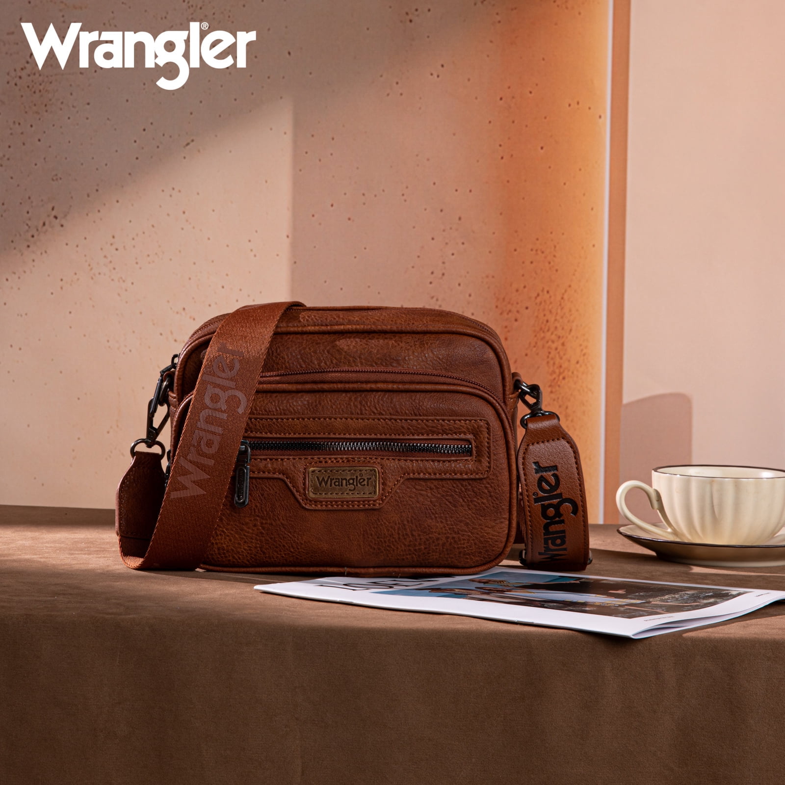 Wrangler Crossbody Bag for Women Multi Pocket Crossover Bag Shoulder Pursea with Adjustable Strap, Brown
