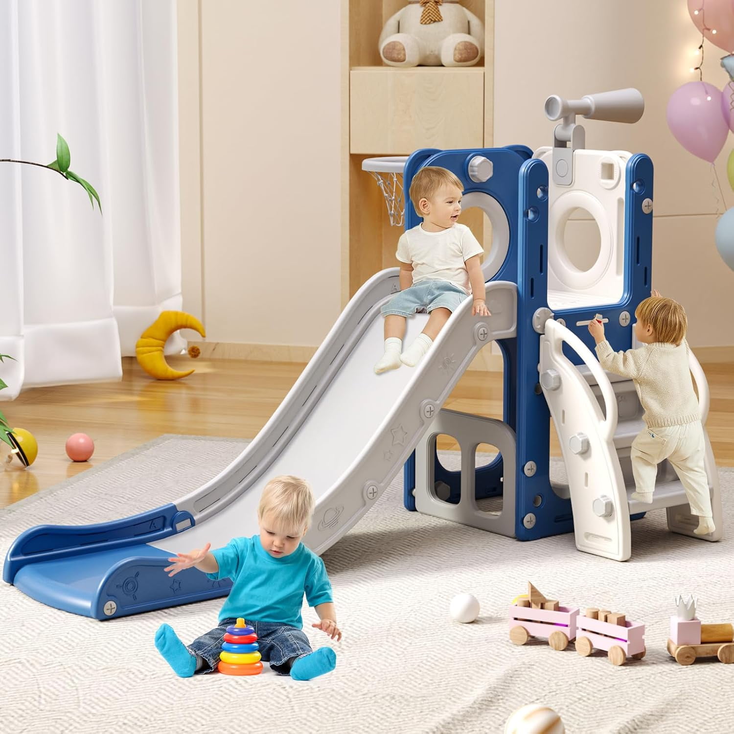 EAYSG 6-in-1 Toddler Slide Playset with Basketball Hoop & Ring Toss Indoor/Outdoor Kids Slide with Ball Foldable Playground(White Blue)