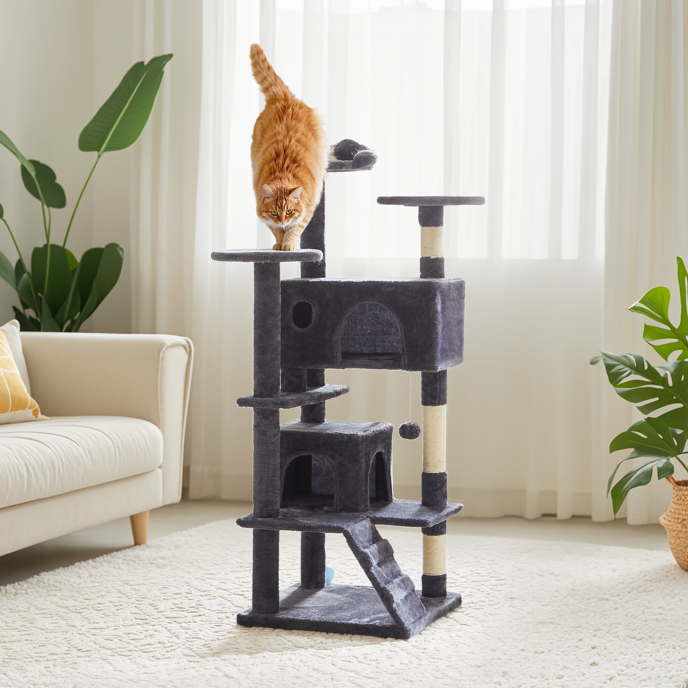 EDX 54" Cat Tree Tower for Indoor Cats, Multi-Level Pet Furniture with Sisal Scratching Post, Large Cozy Condo, Climbing Ramp, Kitten Toy, Dark Grey