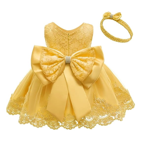 Gelikeya 0-6T Toddler Baby Girl Easter Dresses Flower Girl Dress Embroidered Tutu Evening Gown Lace Dresses with Headwear Yellow, 3-4 Years