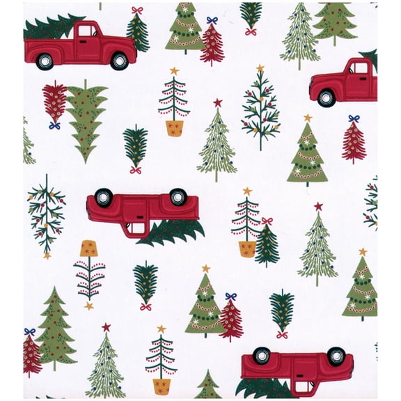 Winter Wonder Lane Vinyl Tablecloth PEVA Flannel Back, Red Truck Christmas Trees Print 52" x 90"