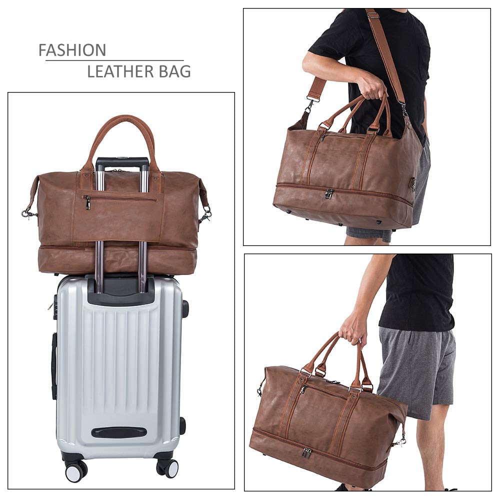 Travel Duffel Bag with Shoe Pouch Large Carry on Bag PU Leather Waterproof Weekender Overnight Bag for Men Women Brown