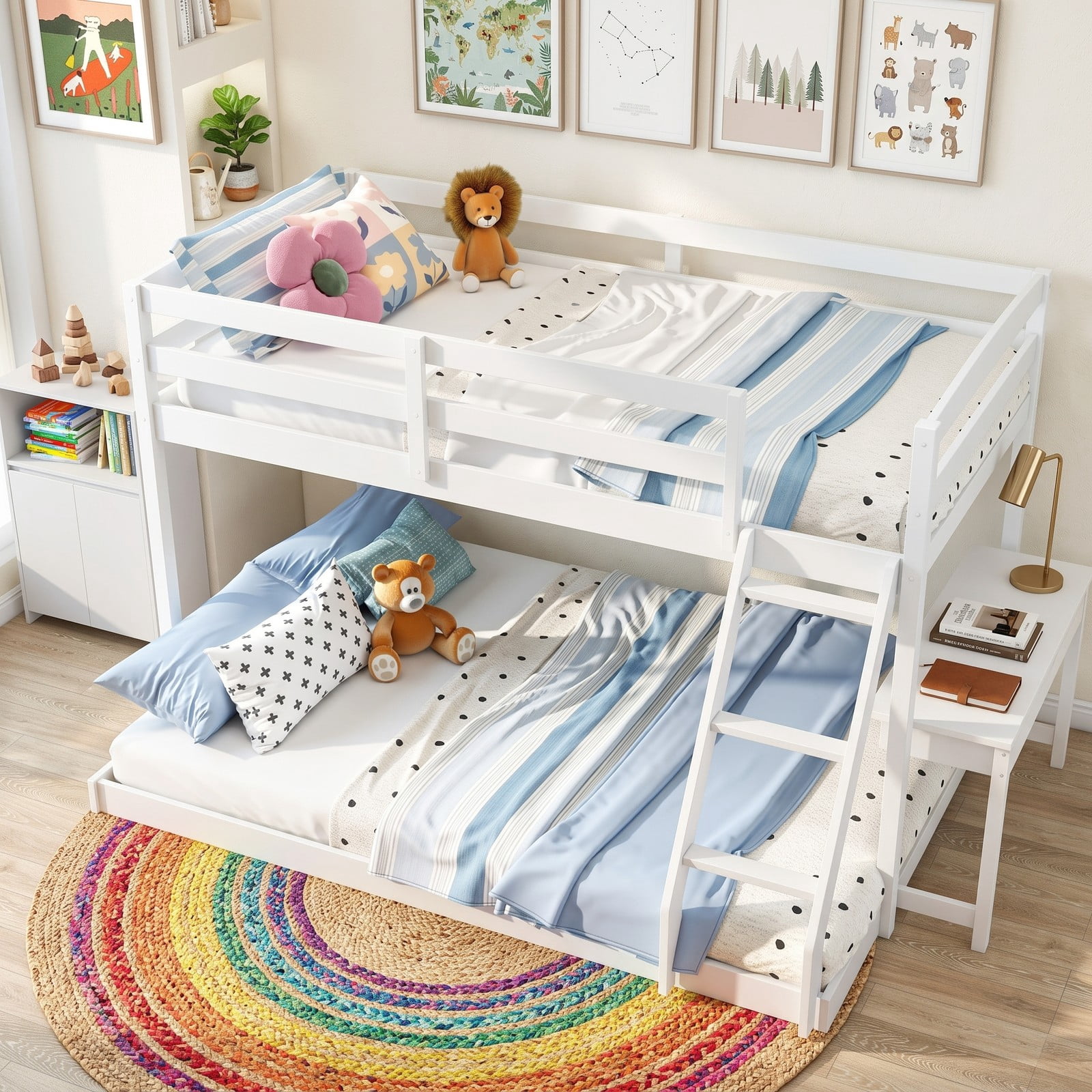 Furnibear Twin Over Full Low Floor Wood Bunk Bed with Guardrails and Integrated Ladder for Kids Teens and Guest Rooms, White