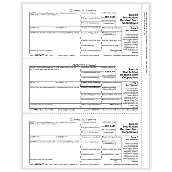 1099-PATR, 3-Up Recipient Copy B (Patronage), IRS Approved, 150/Pk