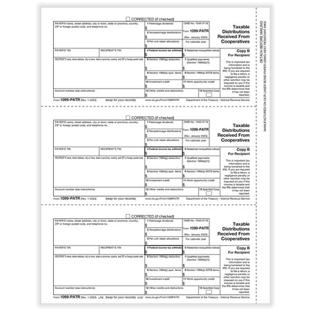 1099-PATR, 3-Up Recipient Copy B (Patronage), IRS Approved, 150/Pk