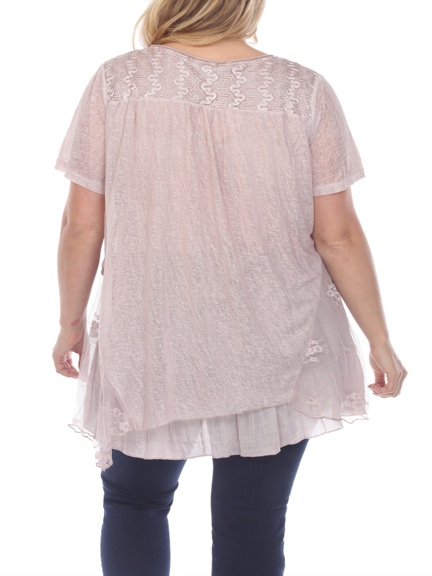 Simply Couture Women's Plus Size Short Sleeve Lace Mixed Media Layer Top