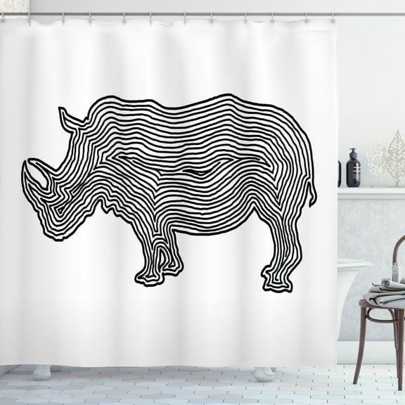Rhino Shower Curtain, Fringe Design Inspired Monochrome Style Arrangement Striped Composition, Fabric Bathroom Set with Hooks, 69W X 84L Inches Extra Long, Charcoal Grey and White, by Ambesonne