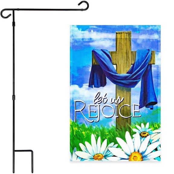 G128 2sets: 36"x16" Flag Stand Black & 12"x18" Easter Garden Flag Let Us Rejoice Easter Cross