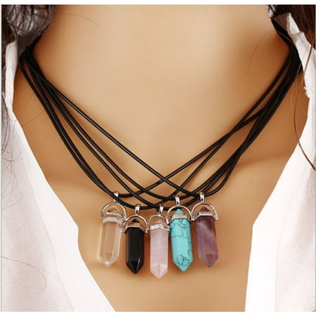Tourmaline Crystal Pendant - Natural Crystal Gemstone Hexagonal Point Bead Pendant Chakra Necklace + Chain