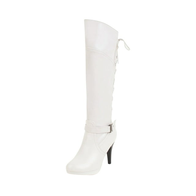 Womens Winter Belt Buckle Side Zipper Warm Waterproof Platform Super High Heel Strap High Boots