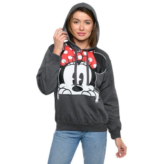 Disney Women's Minnie Mouse Hoodie Sweatshirt Pullover Minnie Face Charcoal