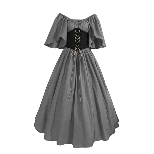 Gibobby Vestidos elegantes Disfraz medieval para mujer Vestido de camisa irlandesa con manga de trompeta con corsé Vestido tradicional Halloween Mujer M Disfraces de cosplay(Gris, M)
