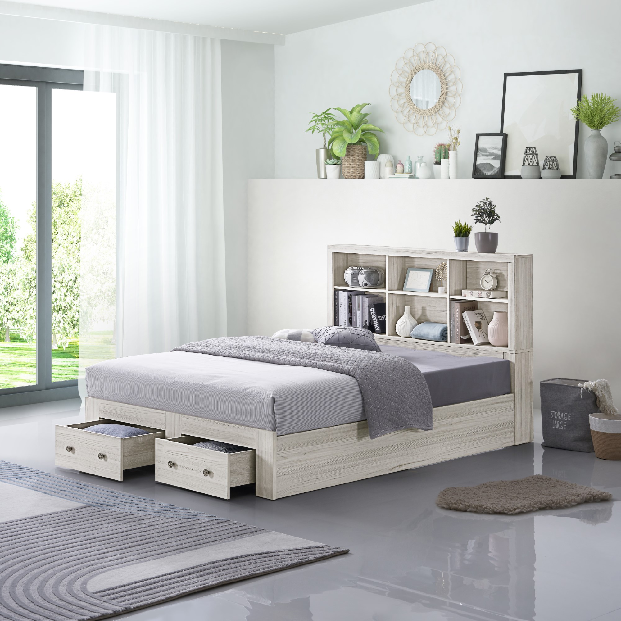Home Design Salina Queen Bookcase Platform Bed with 2 Drawer, Light Gray