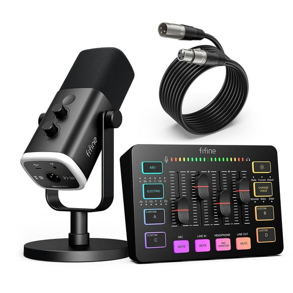 FIFINE Gaming Equipment Bundle, Dynamic XLR/USB Gaming Microphone Set with Streaming Audio Mixer for Podcast Recording Video Vocal, RGB Gamer Set with Volume Fader/XLR Interface