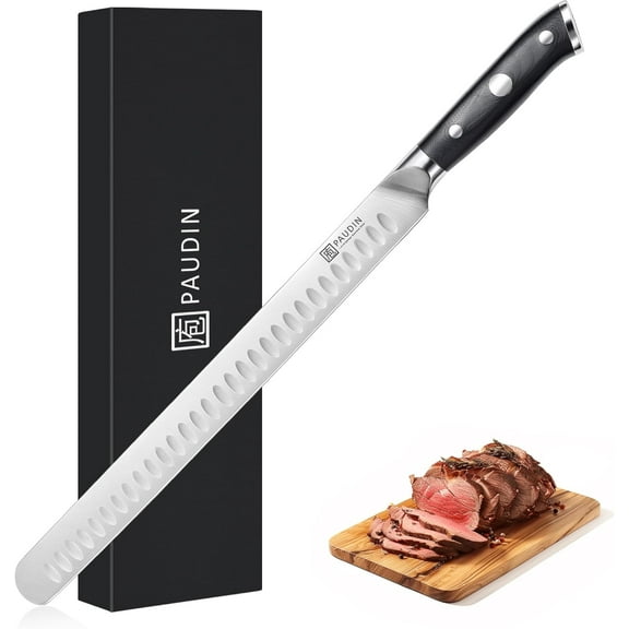 PAUDIN 12 Inch Carving Knife, Premium Slicing Knife with Granton Blade for Cutting Smoked Brisket, BBQ Meat, Turkey - Ergonomic G10 Handle
