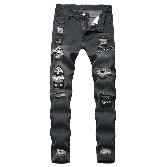 Fashion Mens Jeans Long Pants Denim Skinny Ripped Frayed Slim Fit Biker Work Trousers