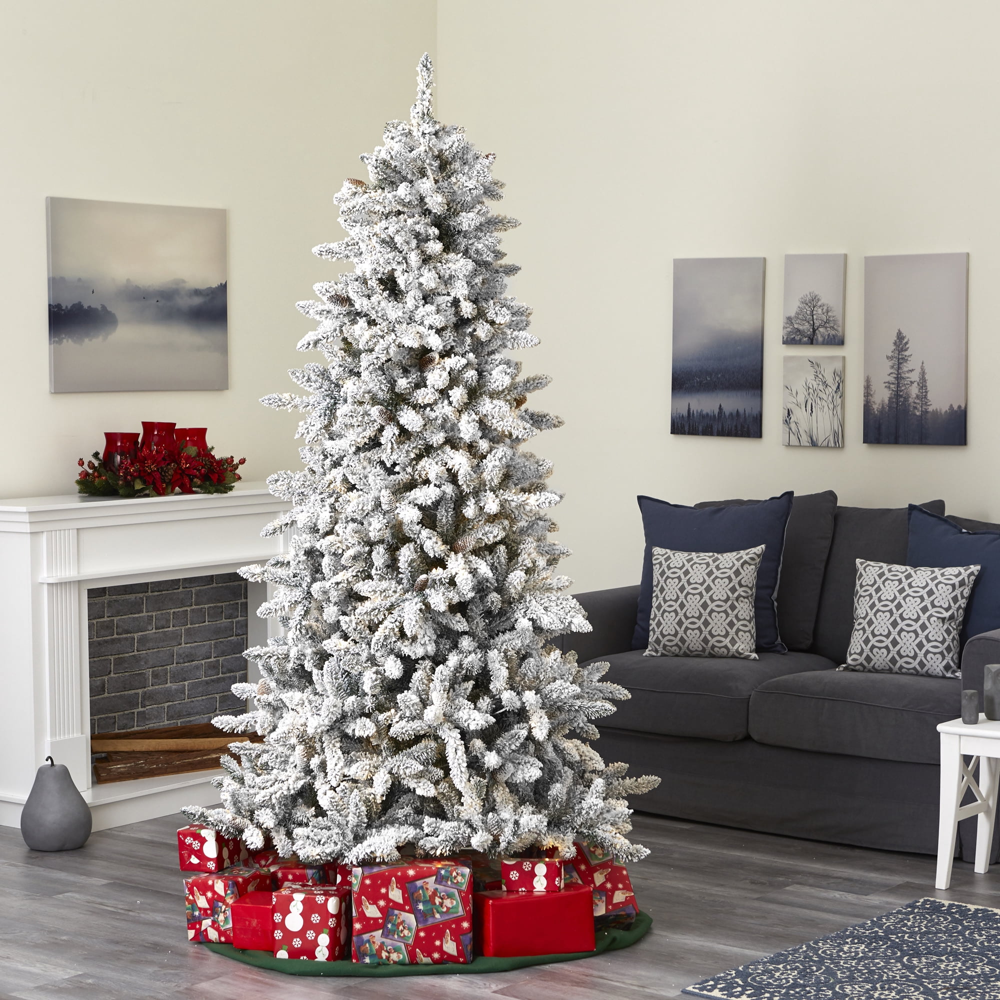 Nearly Natural 7.5ft. Flocked Livingston Fir Artificial Christmas Tree with Pine Cones, Green