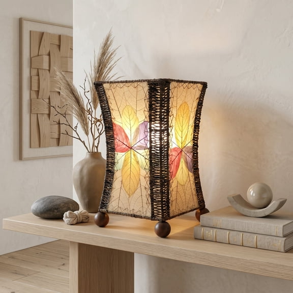 Eangee Home Design Hourglass Table Lamp, Shade Made Of Jackfruit Leaves, 10x10x15 Inches