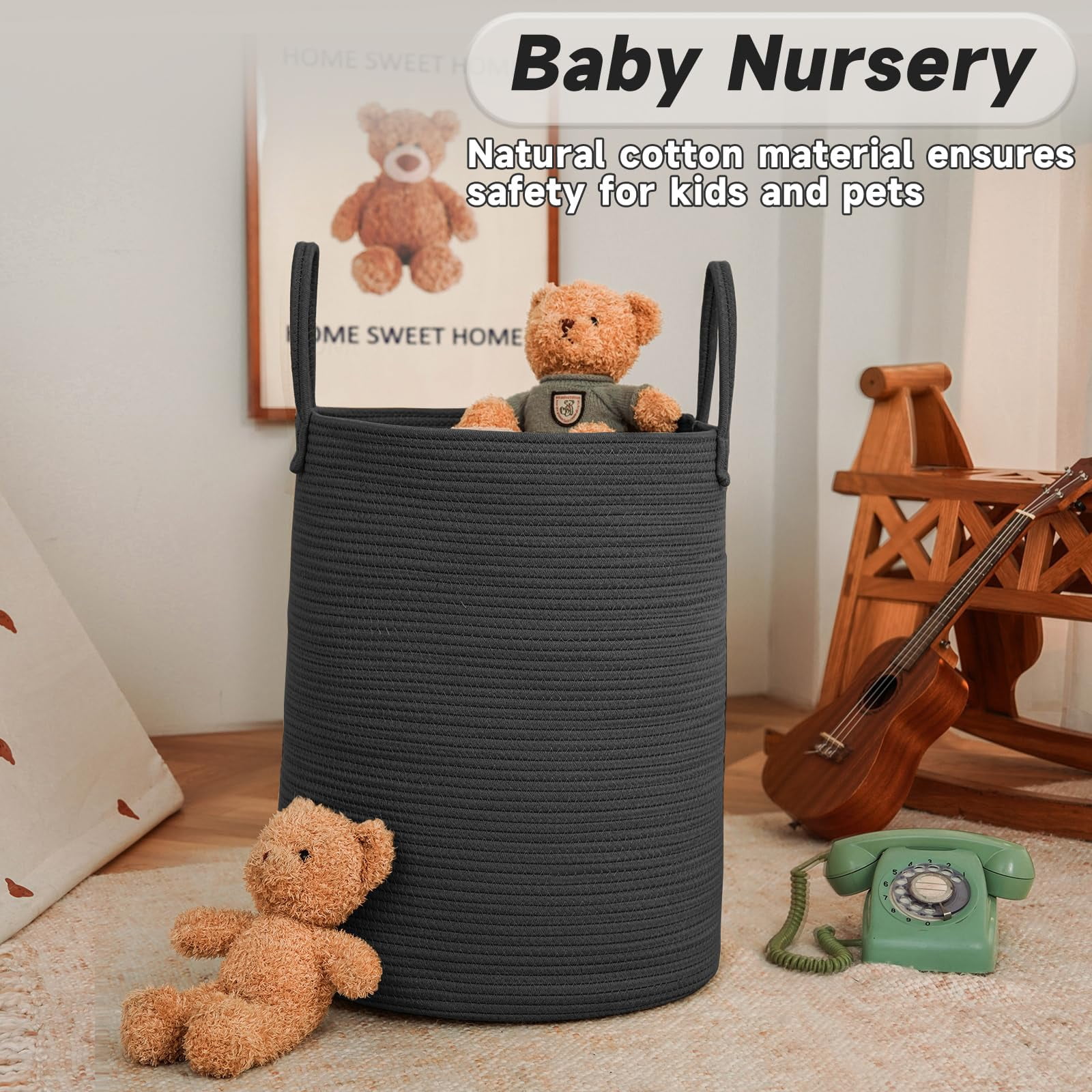 Large Woven Laundry Basket Hamper,60L Cotton Rope Storage Bin for Blankets,Toys and Clothes,Decorative Tall Nursery Hamper for Living Room,Baby Nursery,Bathroom and Bedroom