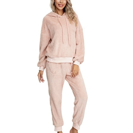 

Frontwalk Women Pajamas Sets Elastic Waist Sleepwear Fuzzy Fleece Nightwear Home Clothes Baggy Hoodies And Pant Drawstring Lounge Set Pink L