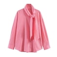 thumbnail image 4 of ClodeEU Women's Long Sleeve Tie V Neck Striped Shirt，Casual Loose Fit Button Down Blouse Pink,Women's Plus M, 4 of 6