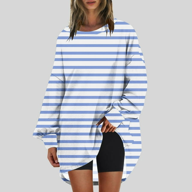 RXIRUCGD Chandail en Molleton Oversize à Col Rond pour Femmes Imprimé Manches Longues Tunique, Bleu, Taille : 2TG