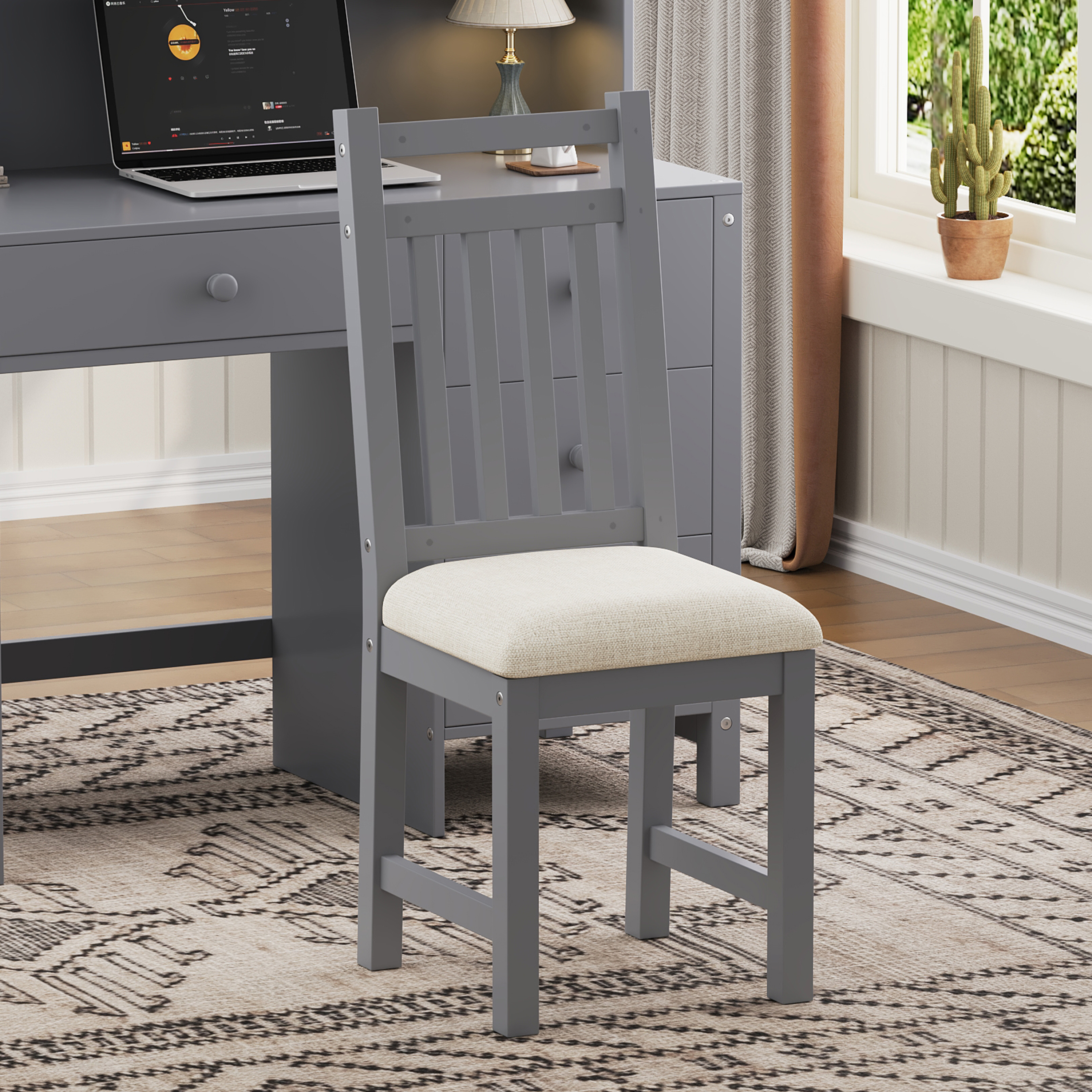 Euroco Vintage 40'' Home Executive Desk and Upholstered Chair Set with Bookshelf, Computer Desk with Four Drawers, Storage Shelf, and Chair
