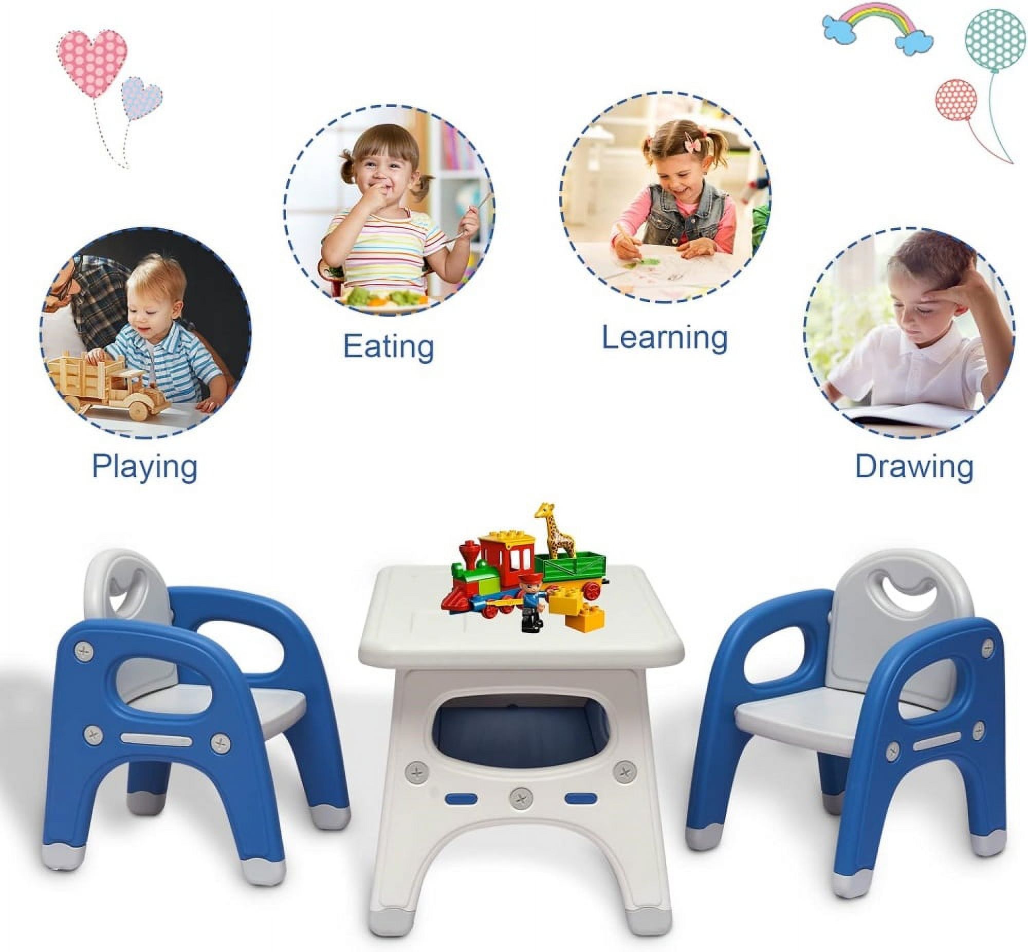 MIDODO Kids Table and 2 Chairs Set with Storage Shelf, 3-in-1 Toddler Table and Chair Set Children Multi-Activity Table for Classroom, Daycare, Home