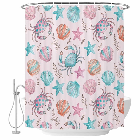 60x72 Inch Shower Curtains for Bathroom, Coastal Ocean Bath Curtain Decor, Watercolor Beach Sea Crabs Starfish Shell Pink Waterproof Restroom Curtains Shower Set Accessories with 12 Hooks 60 Inch