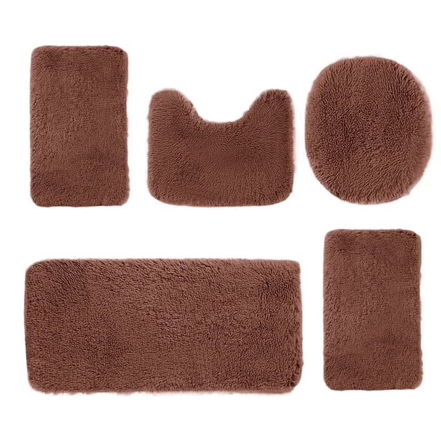 Ohufall 5 Piece Solid Color Long Hair Bath Mat Set Non Slip Soft Toilet Rug Machine Washable Quick Dry