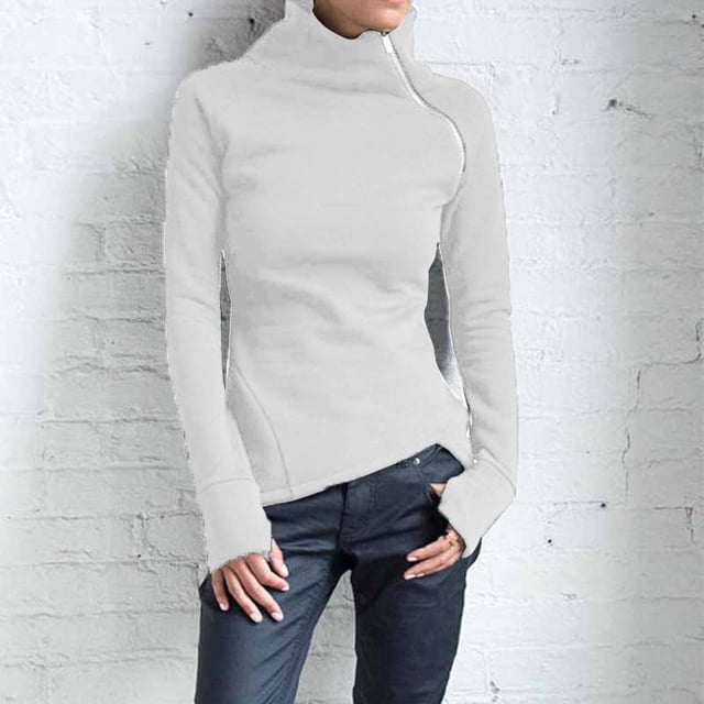 pxiakgy blouses pour Femmes blouse Décontractée Unie à Manches Longues Chandail Col Roulé Chandail à Fermeture Éclair Blanc + us:4