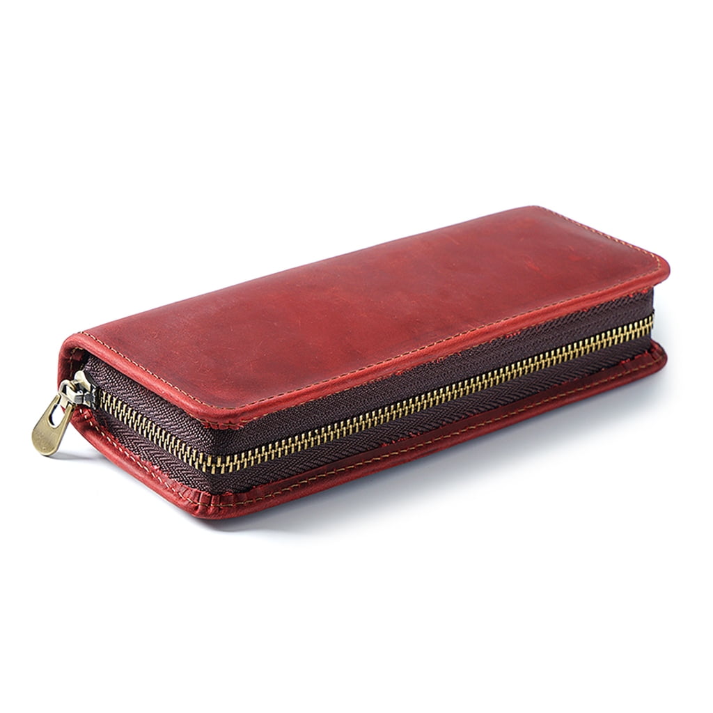 Leather Pen Case Zippered Leather Pen Pouches Elastic Pen Slots for Women Men